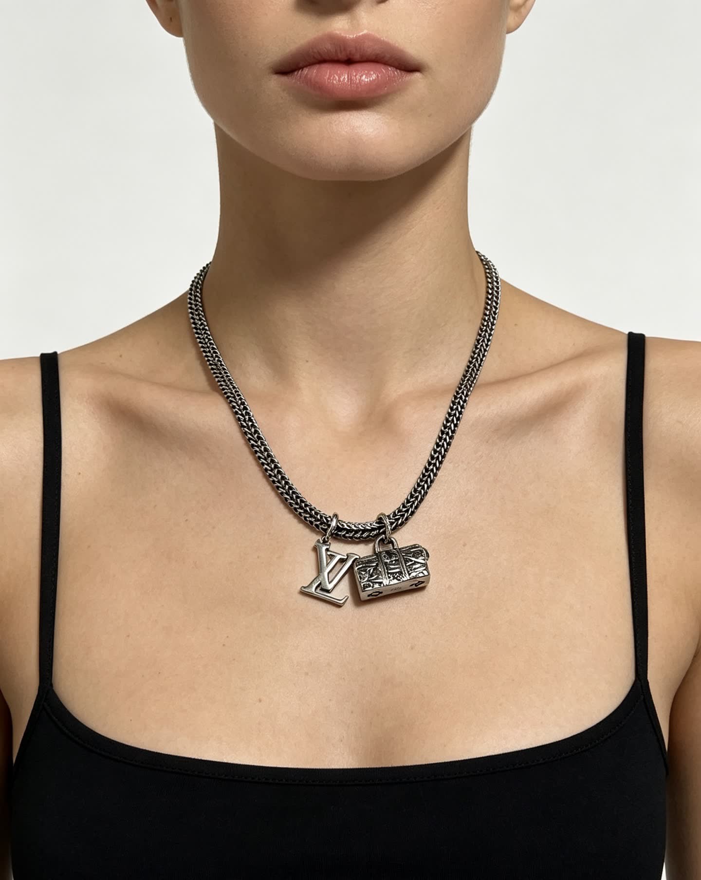 Louis Vuitton Silver Tone Chain Necklace with LV and Monogram Bag Charms